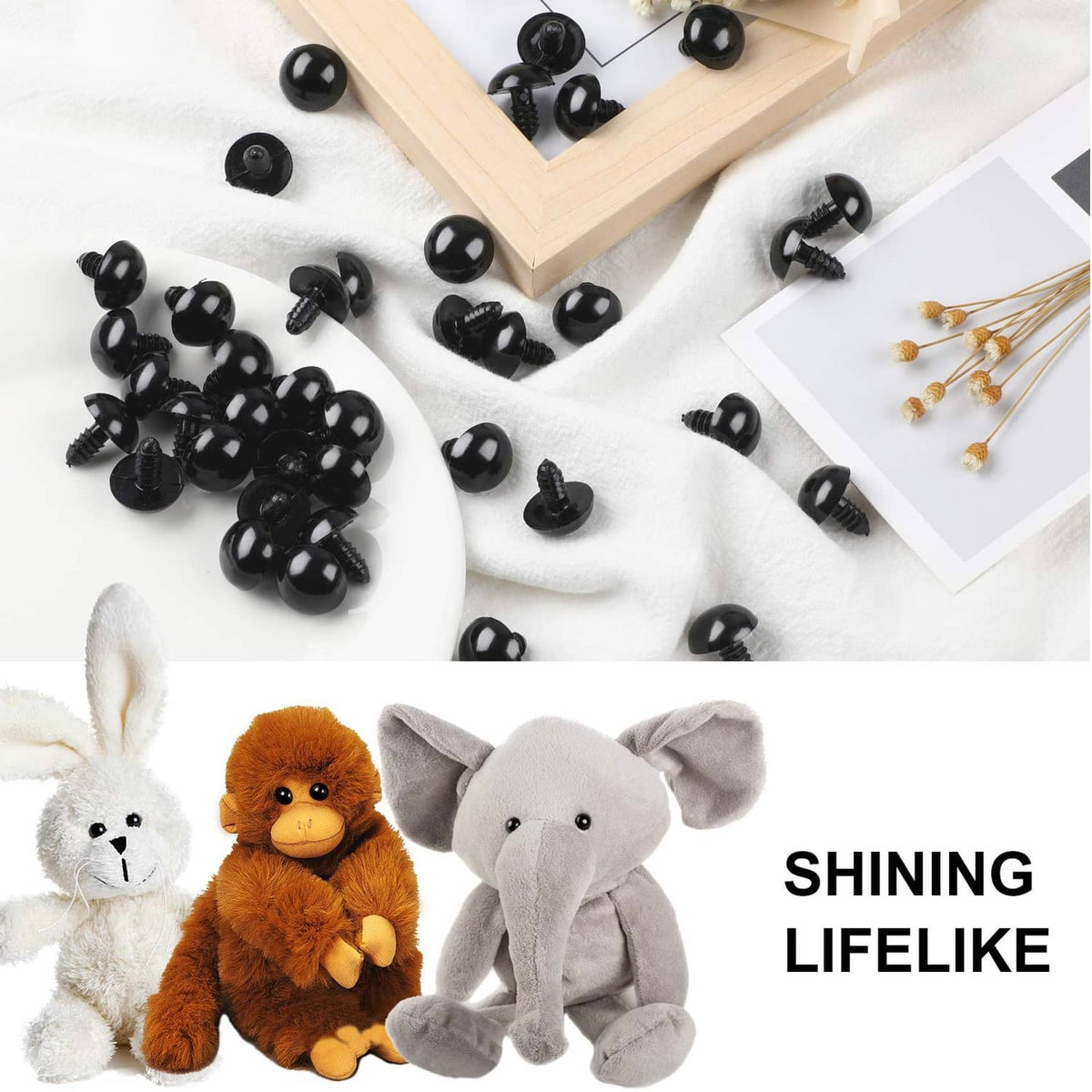 Black plastic crochet eyes and washers arranged for doll and craft projects