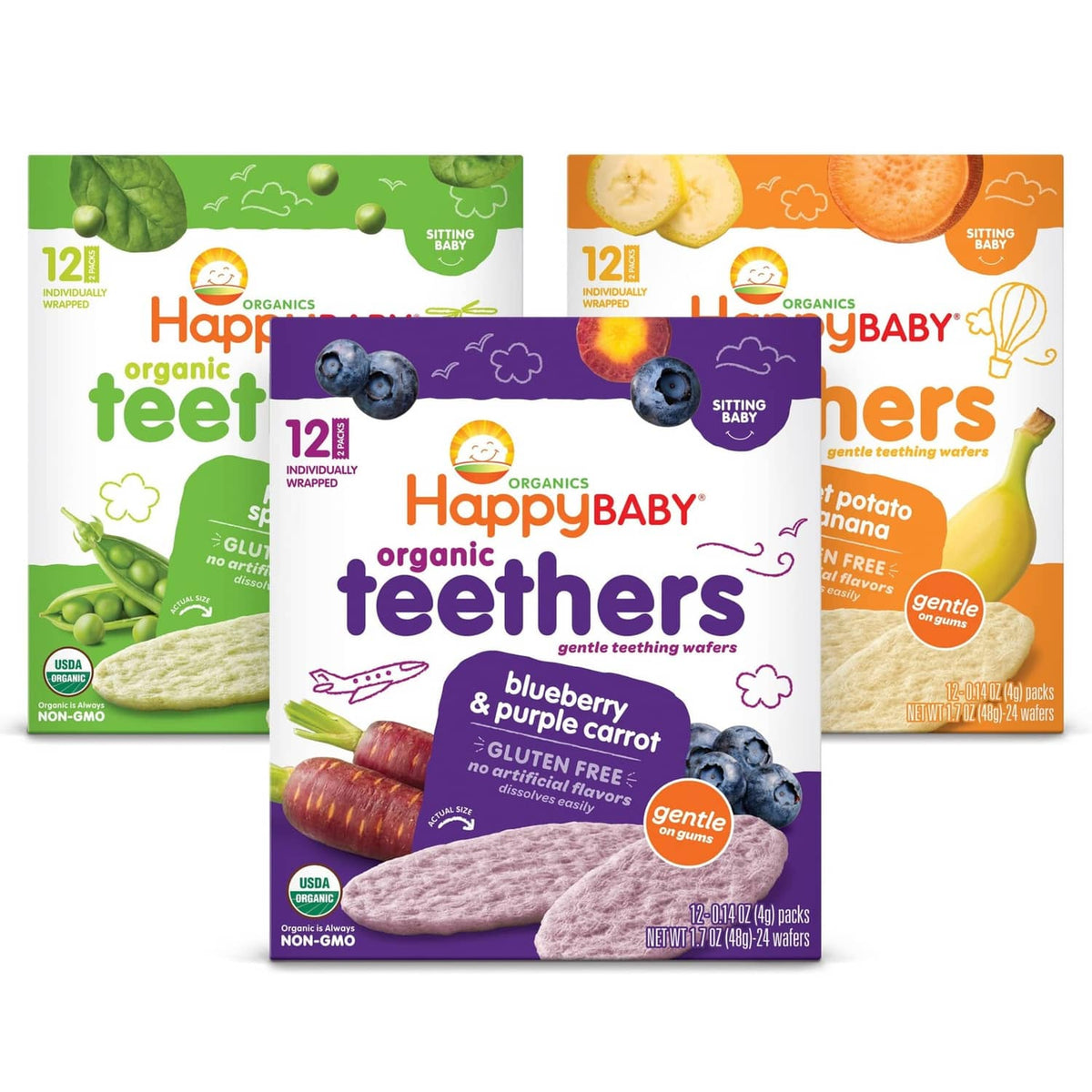 Assorted organic teething wafers box with three flavor pack designs