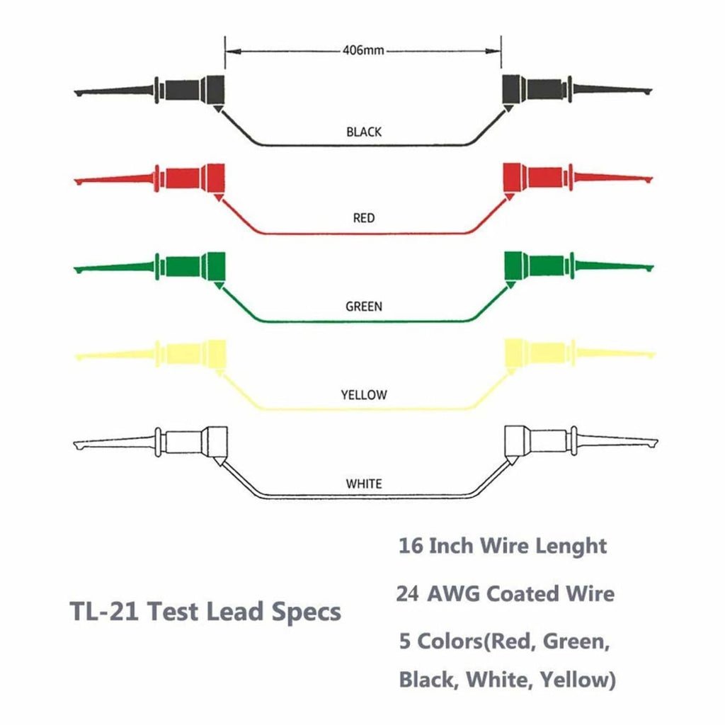 Test lead set layout with mini grabber hook clips; colored wires show 16 in length