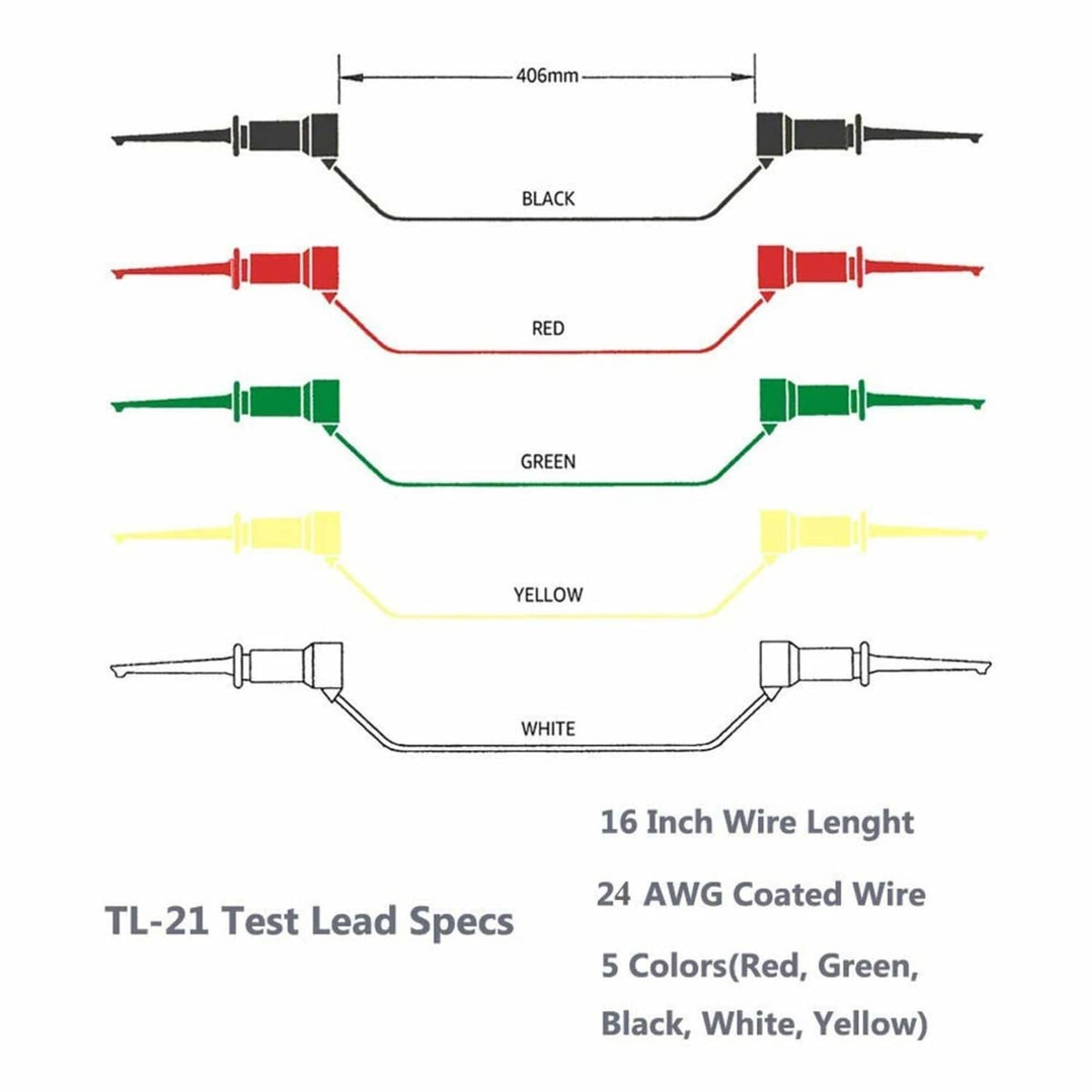 Test lead set layout with mini grabber hook clips; colored wires show 16 in length