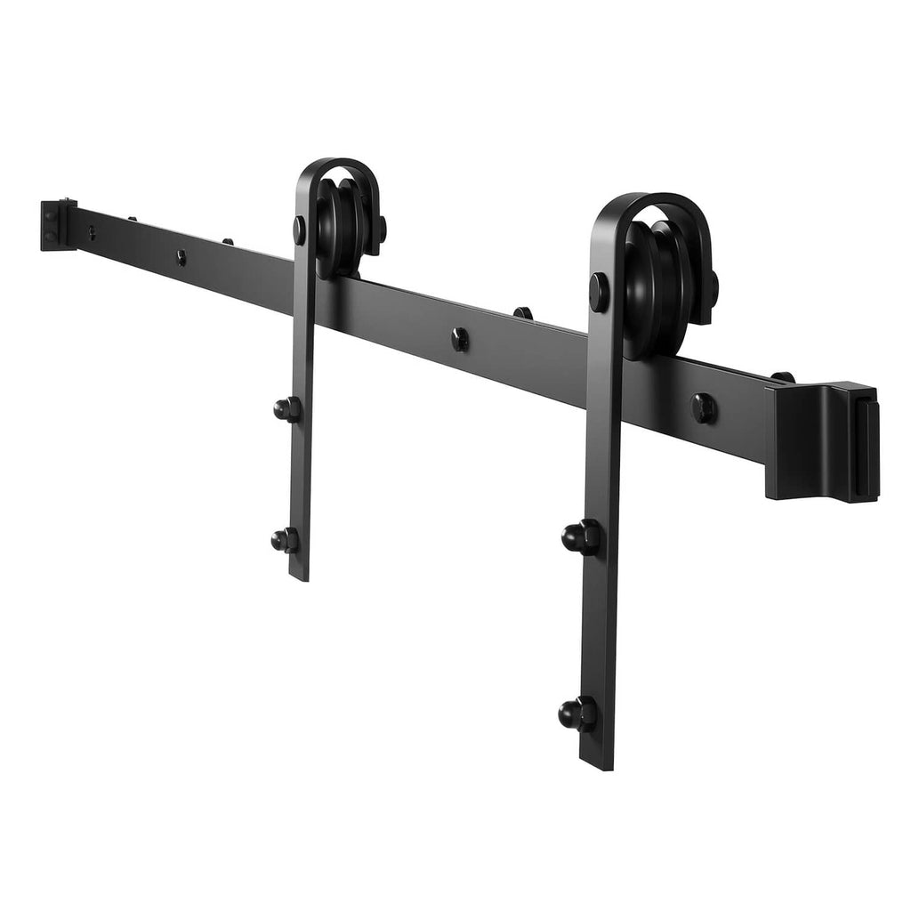 Black sliding barn door track with two top roller hangers and side mounting brackets