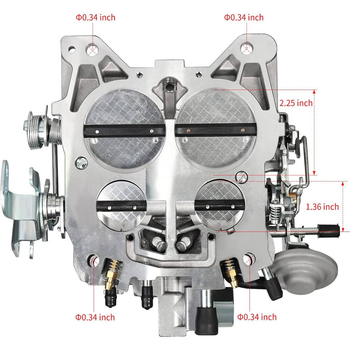 Rochester Quadrajet 4-barrel carburetor front view with air horn and linkage