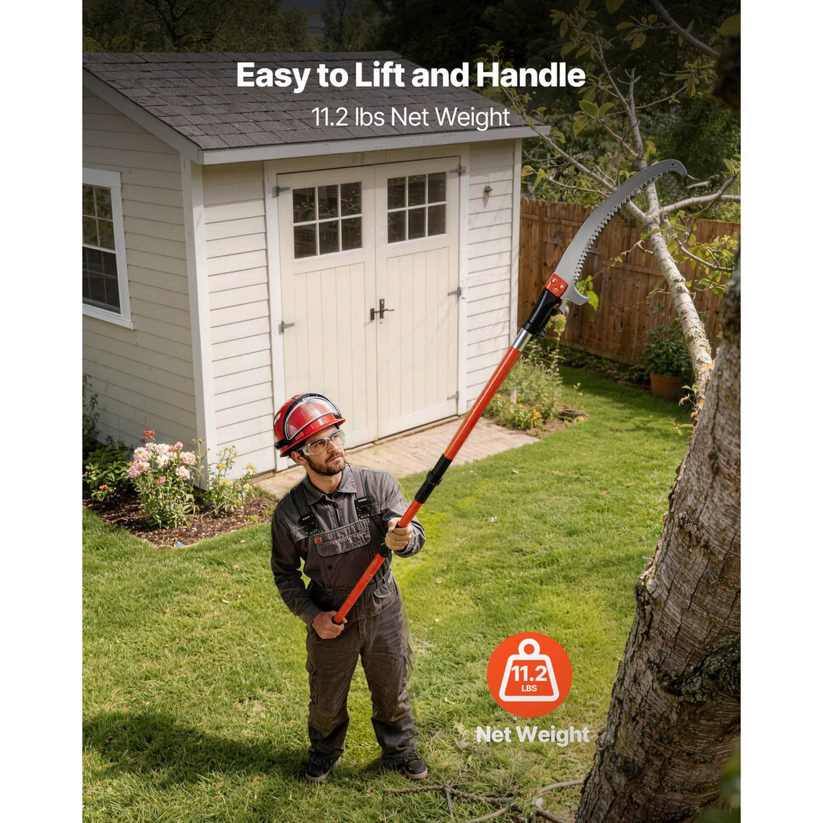 Extendable pole saw pruner held by gardener with black-and-orange cutting head