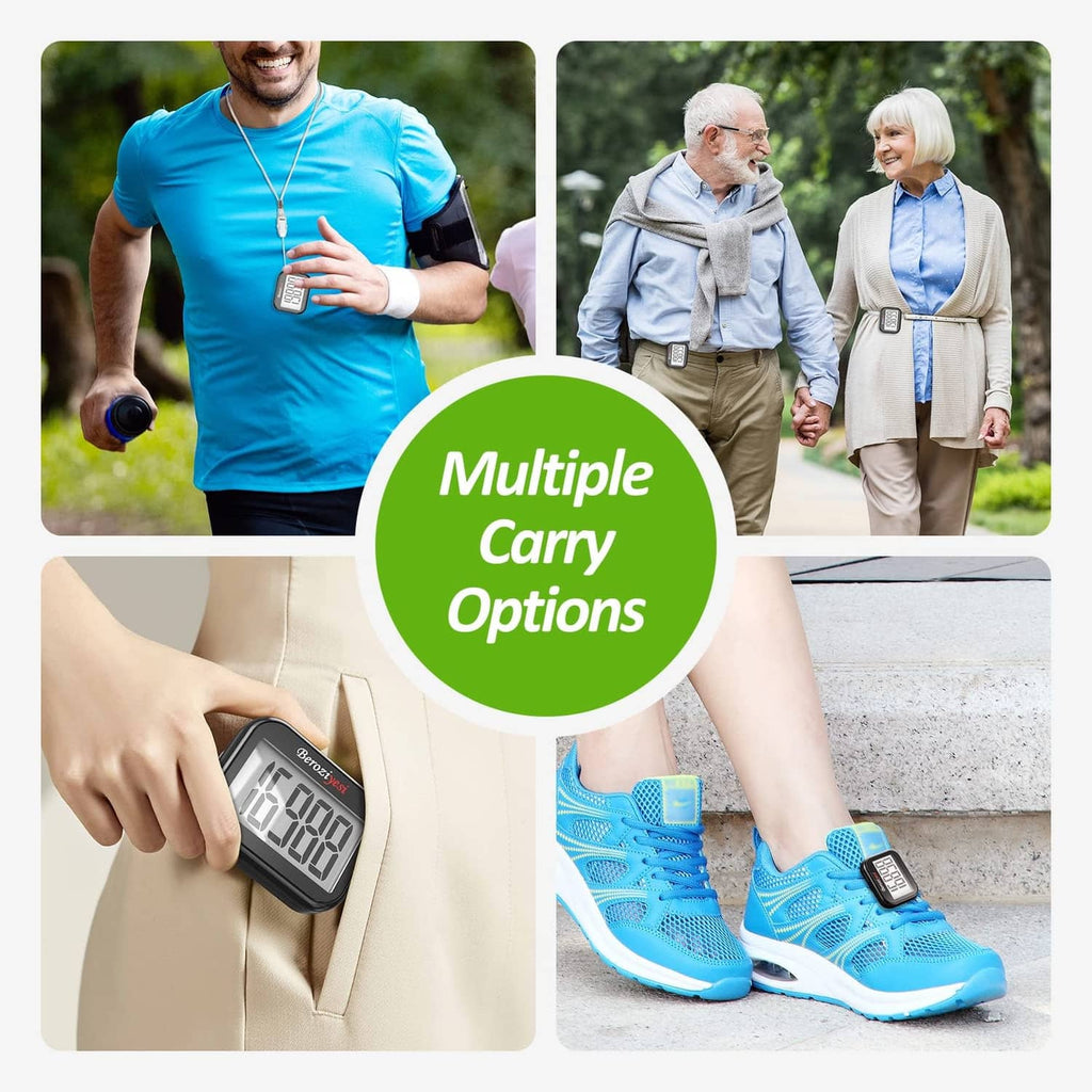 Pedometer shown clipped to clothing, on a lanyard, and strapped near shoes