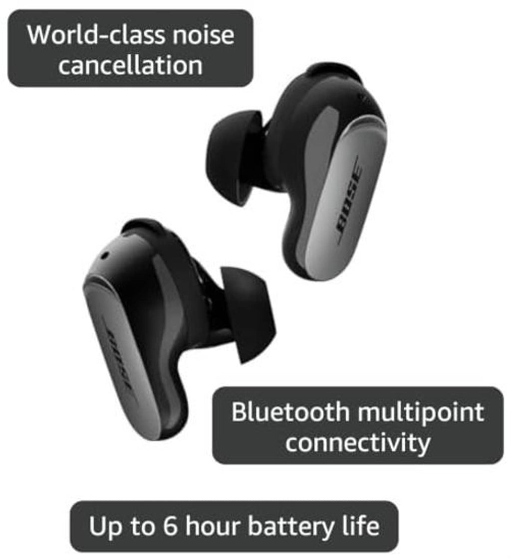 Black wireless earbuds with ear fins, close-up angled view of both earbuds
