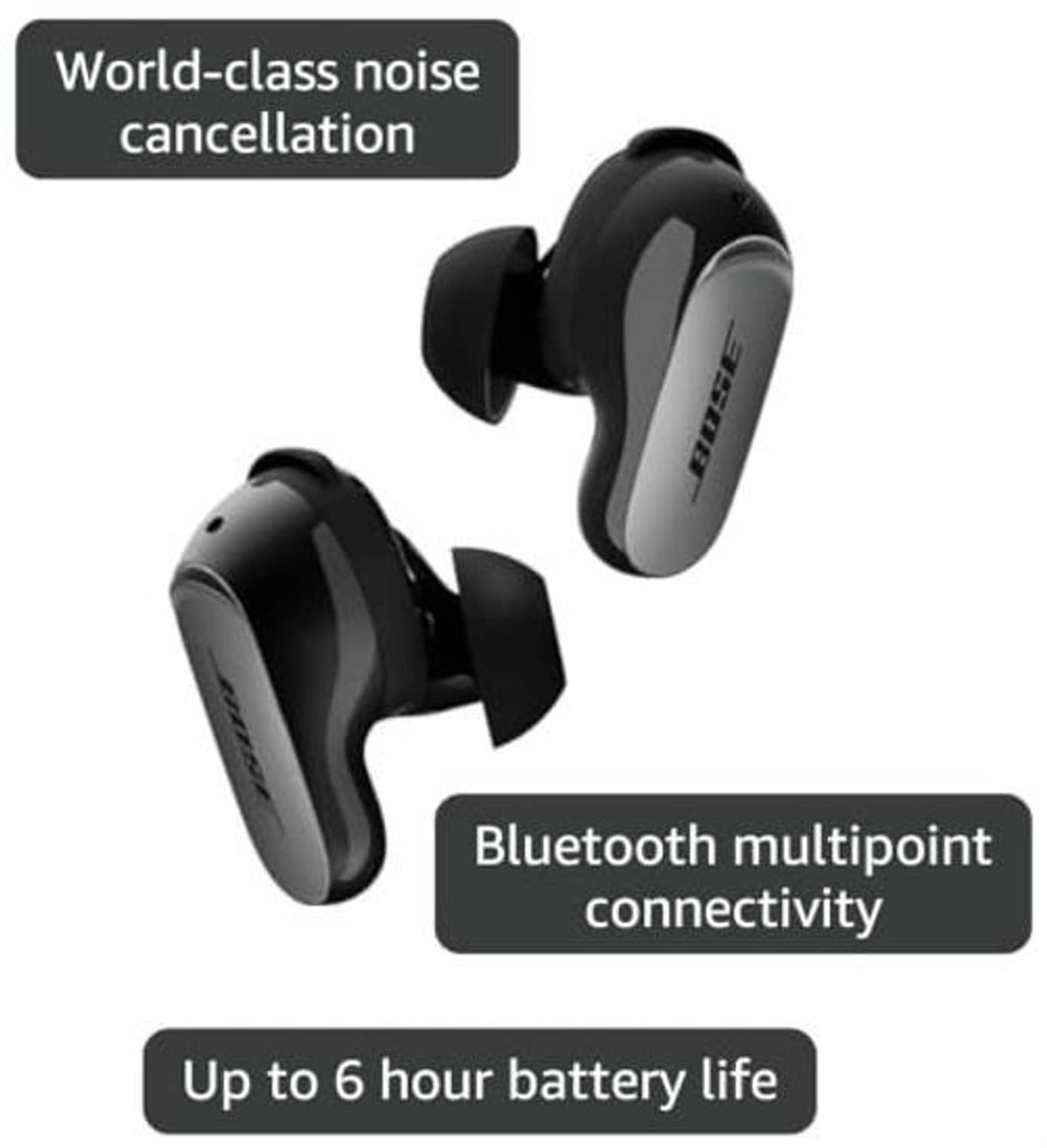 Black wireless earbuds with ear fins, close-up angled view of both earbuds