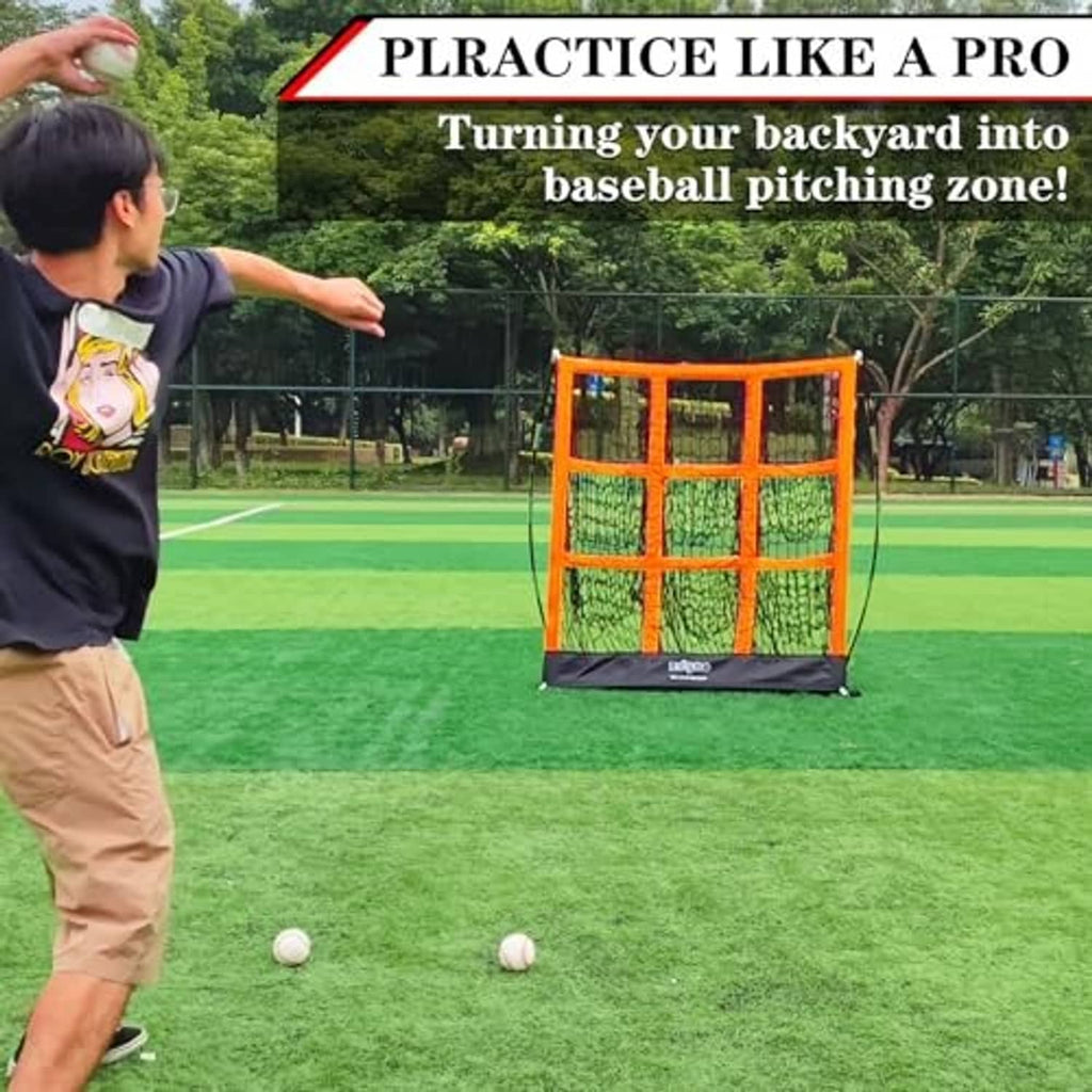 Orange pitching net training frame with black base set on grassy field