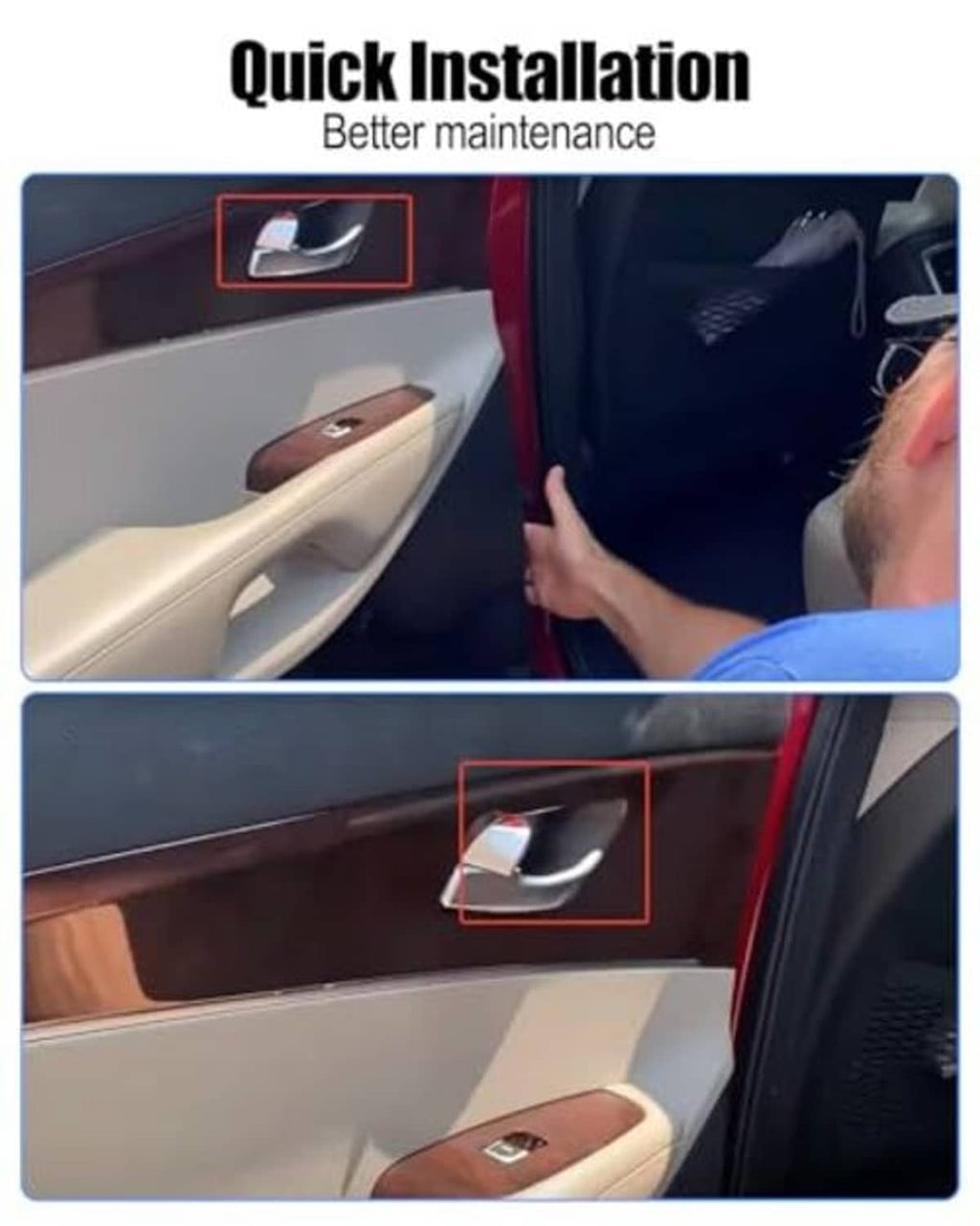 Installed door pull handle on car door panel with light interior trim and black handle base