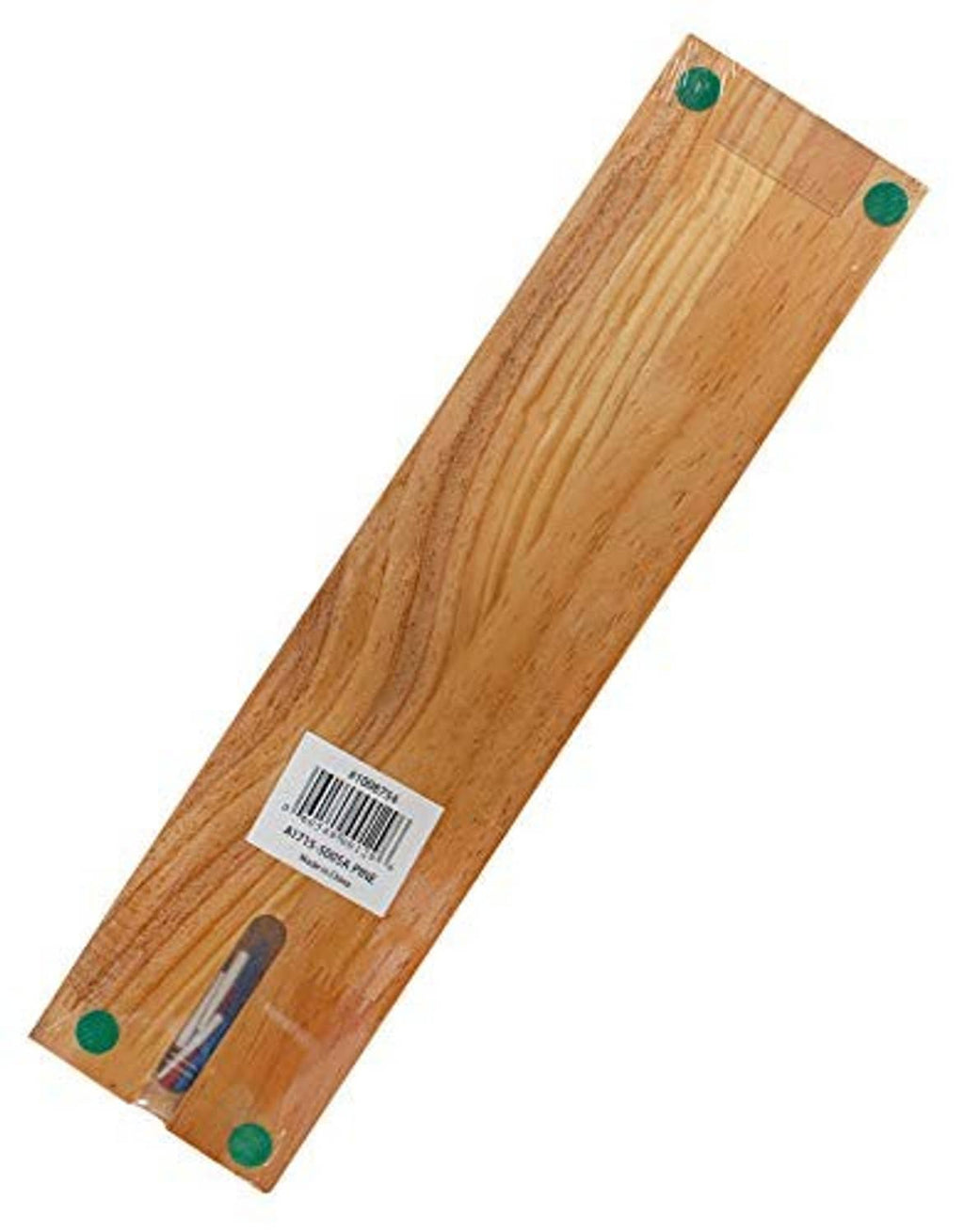 Wooden cribbage board back with green corner caps and barcode label