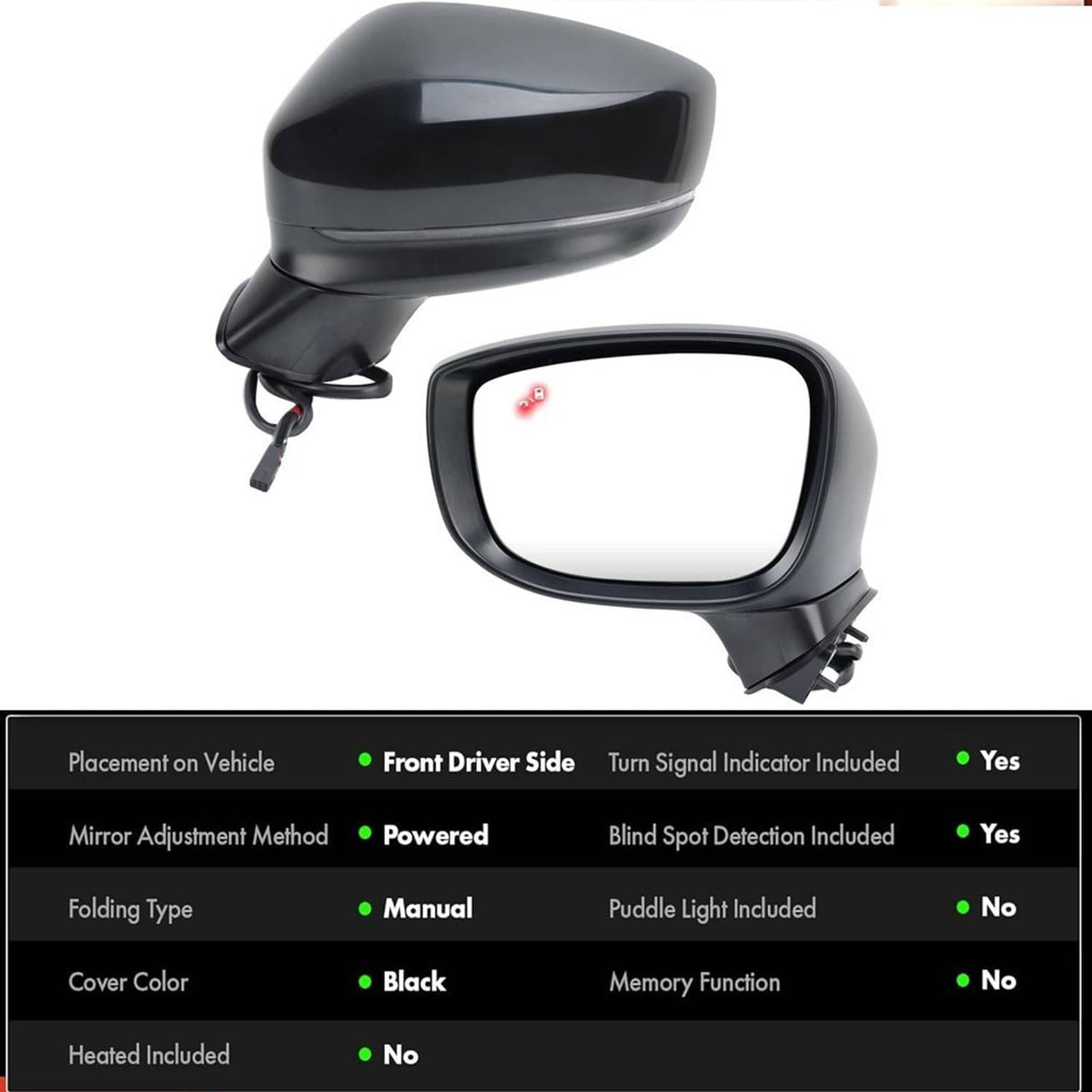 Black left driver side mirror assembly with turn signal lens and side connector
