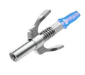 Grease gun locking coupler with blue nozzle and lever handle, chrome metal body