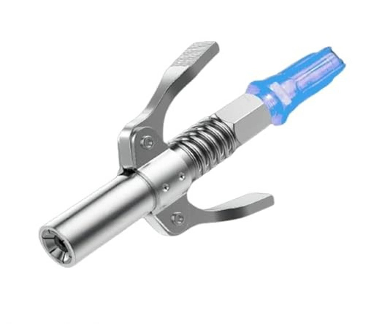 Grease gun locking coupler with blue nozzle and lever handle, chrome metal body