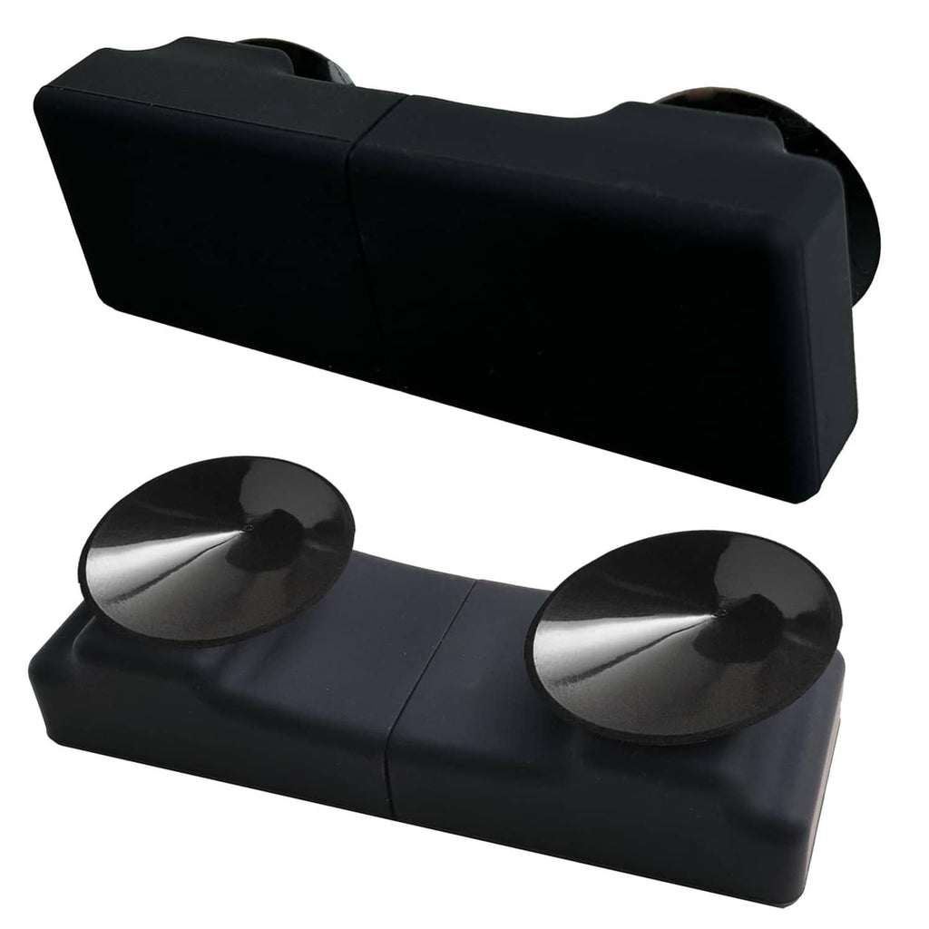 Rectangular black EZ Pass holder with two round suction pads and interlocking tabs