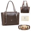 Large checkered diaper bag tote with brown leather-look panels and top handles