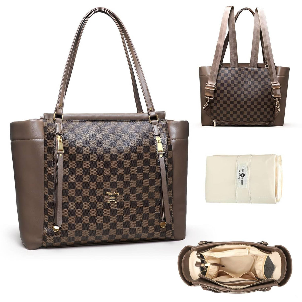 Large checkered diaper bag tote with brown leather-look panels and top handles