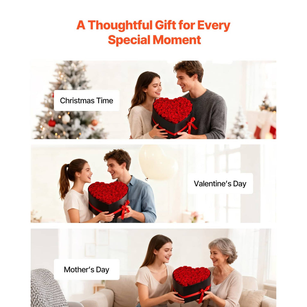 Heart-shaped preserved rose box with red roses and ribbon, gift presentation style