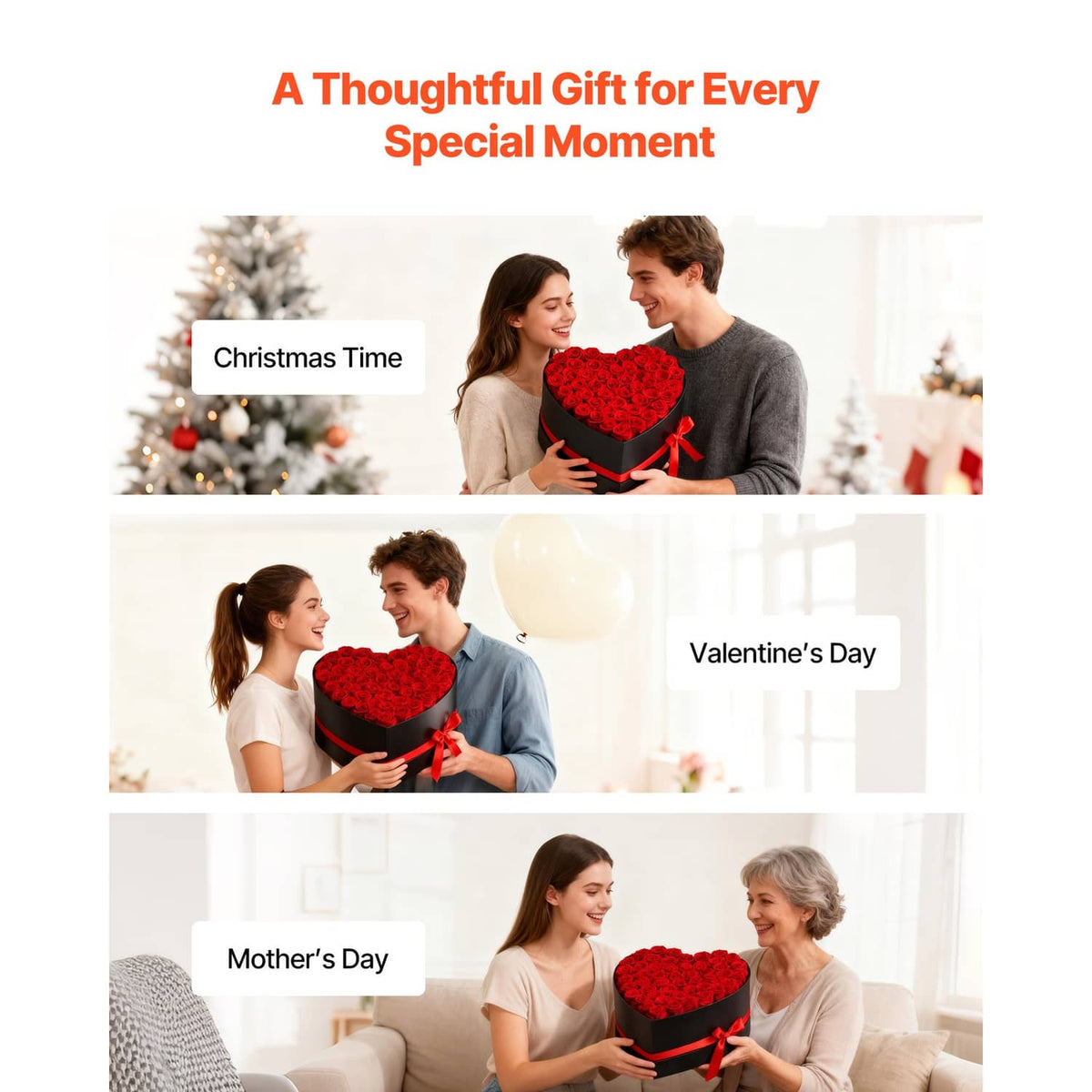 Heart-shaped preserved rose box with red roses and ribbon, gift presentation style