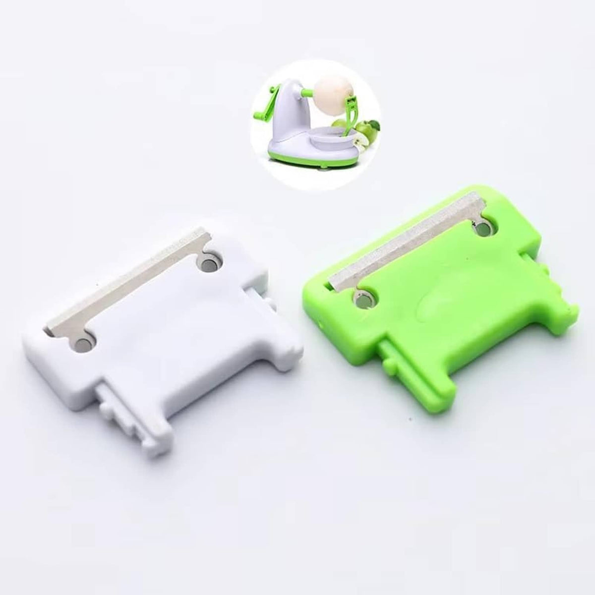 Replacement apple peeler blades: white and neon green with metal scraper strips