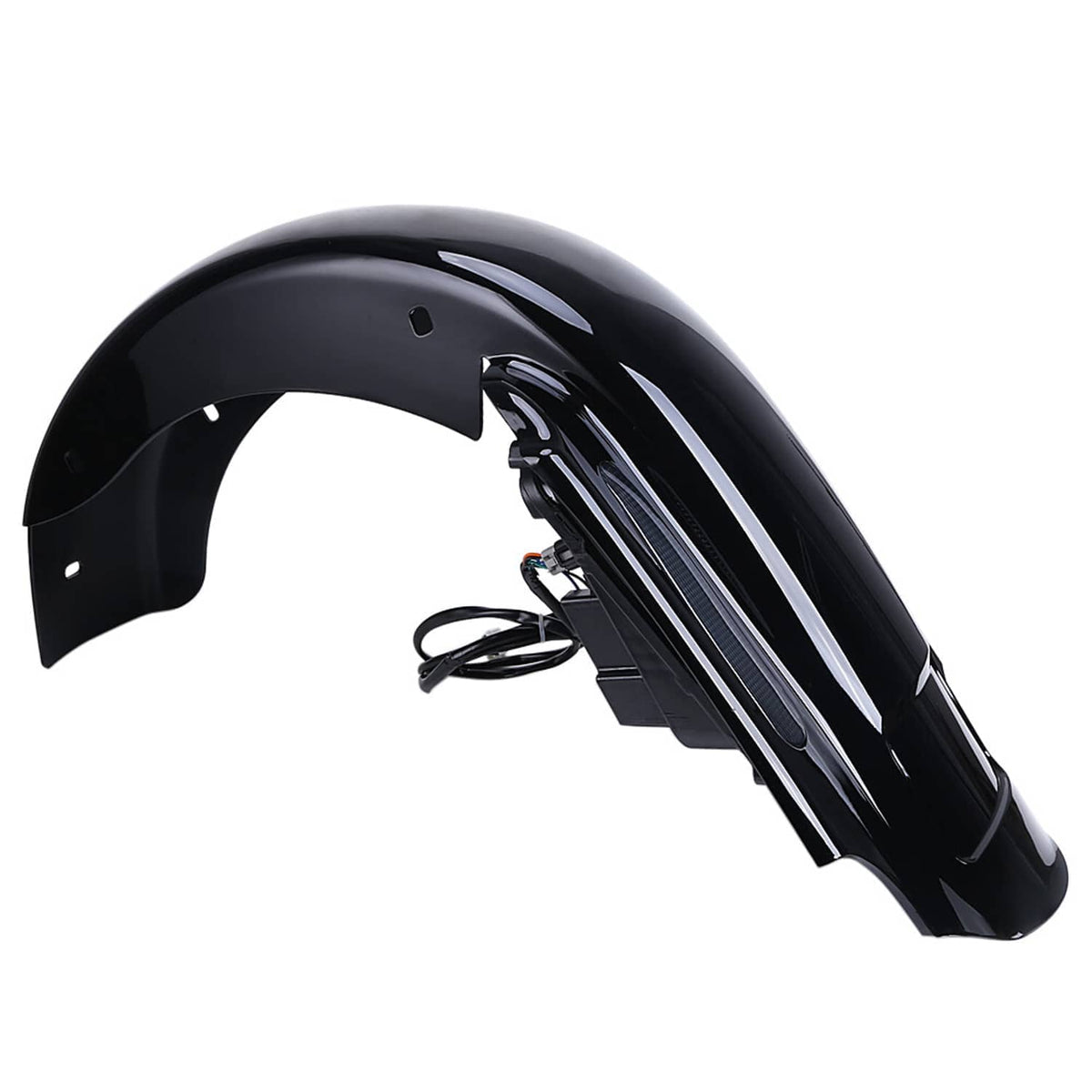 Black extended rear fender with integrated LED light bar and wiring harness