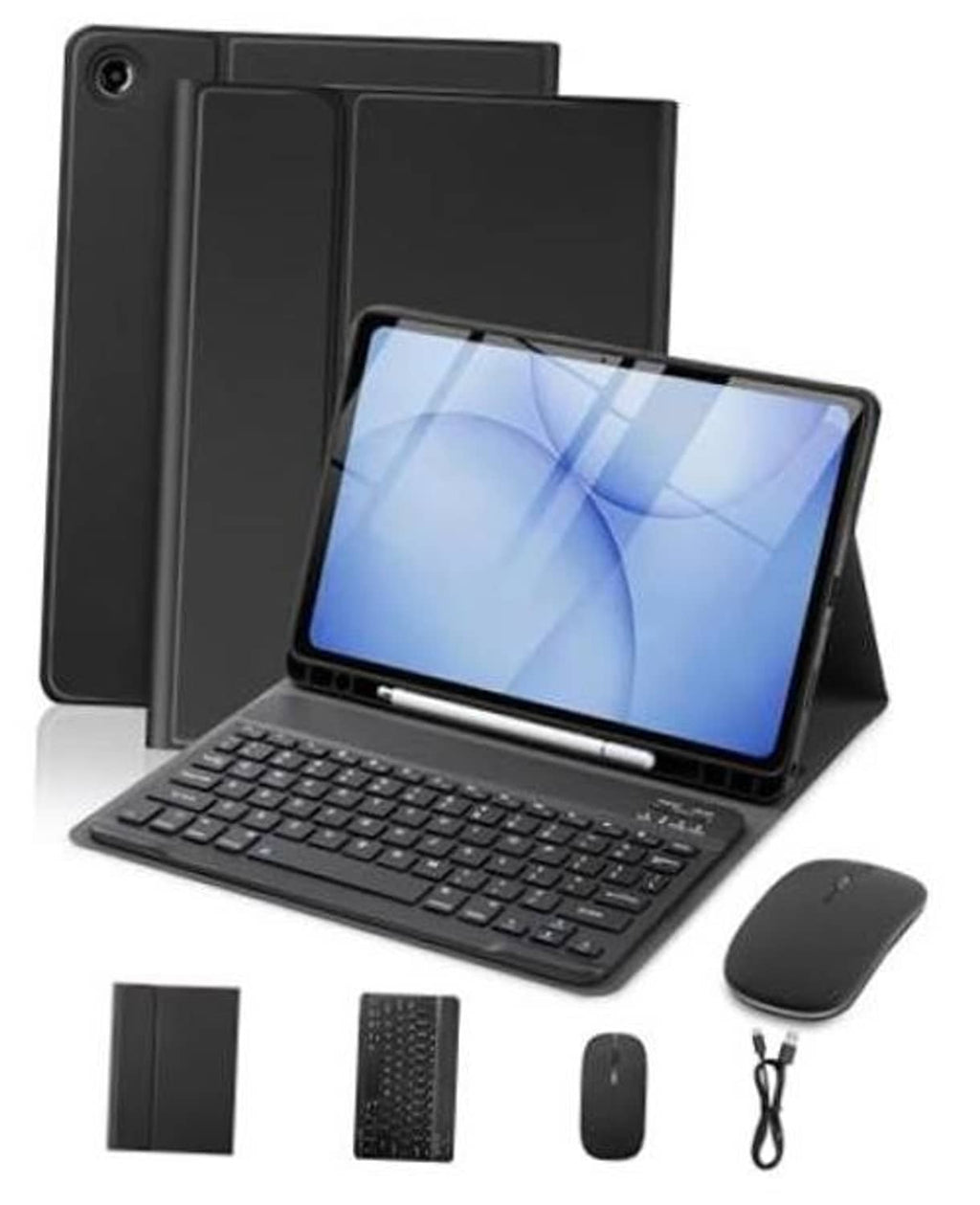 Black tablet keyboard case with stand, wireless mouse, and accessory pouch