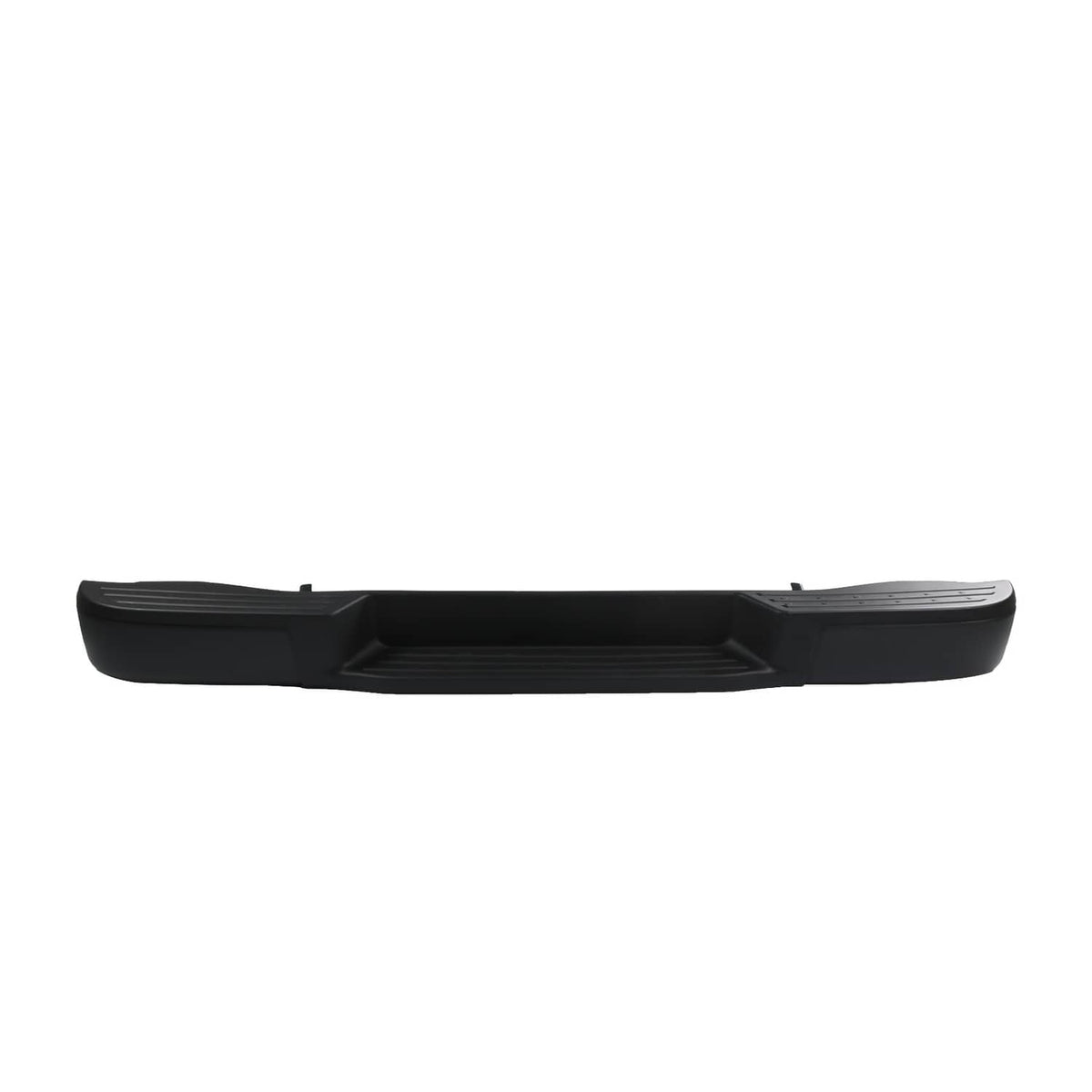 Black rear step bumper cover with center recess and molded tread pattern