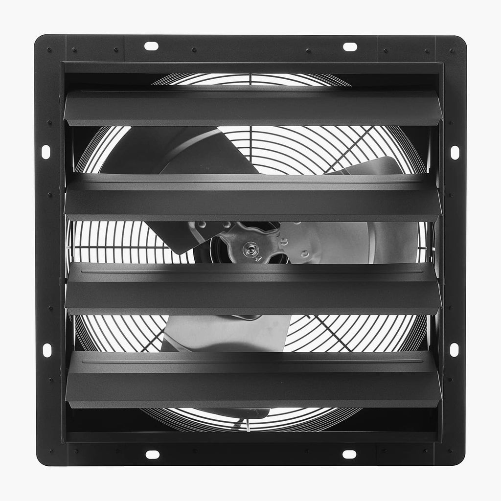 Wall-mounted shutter exhaust fan with louver shutters and visible fan blades, black.