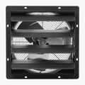 Wall-mounted shutter exhaust fan with louver shutters and visible fan blades, black.