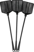 Set of 3 black rubber fly swatters with long handles and perforated paddle heads