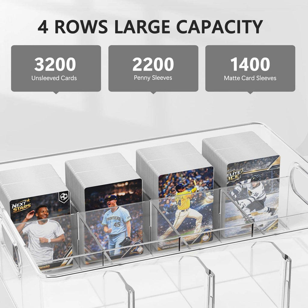 Transparent trading card storage organizer with multiple rows holding sleeved cards