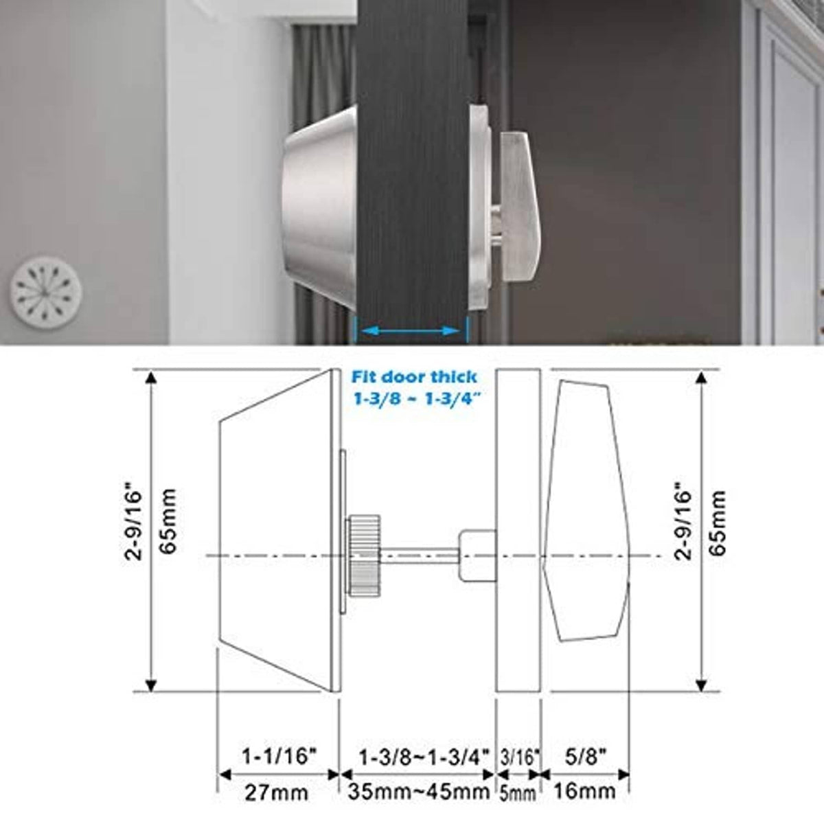 Satin nickel single-cylinder deadbolt fit and size diagram with thickness range