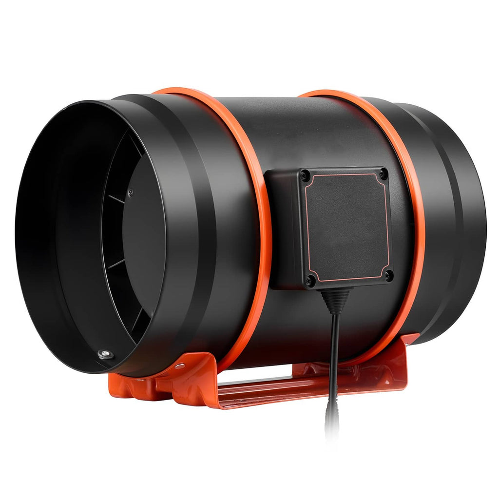 Inline duct fan with orange motor base and control panel, front close-up view