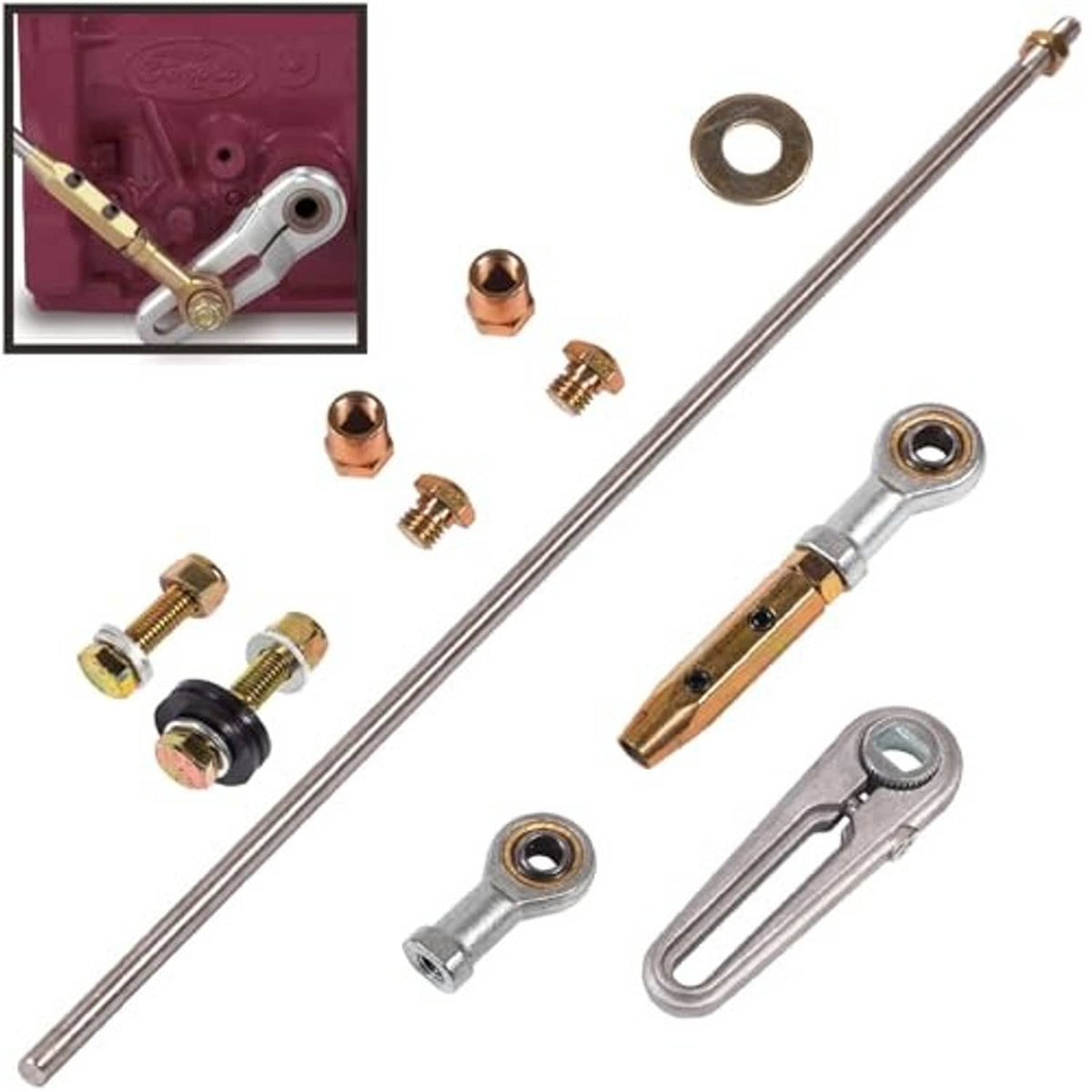 Transmission shift linkage components: long rod, silver joint, brass ends, mounting hardware