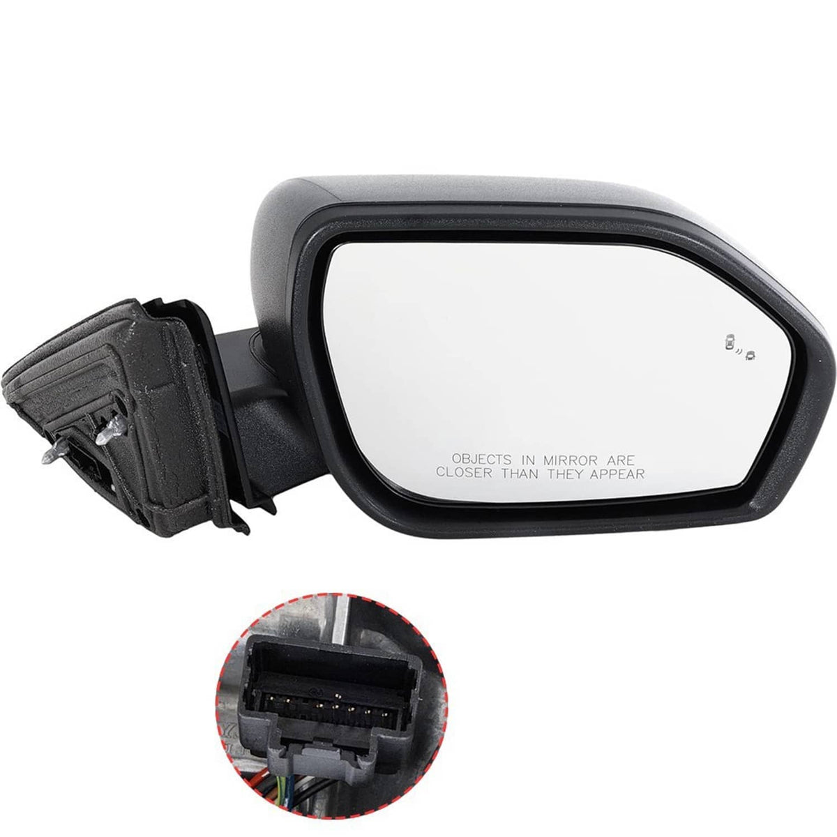Passenger side mirror with connector plug detail and folding arm
