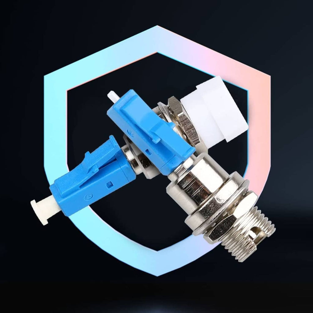 Fiber optic adapter pair close-up: blue LC male to silver FC female connectors