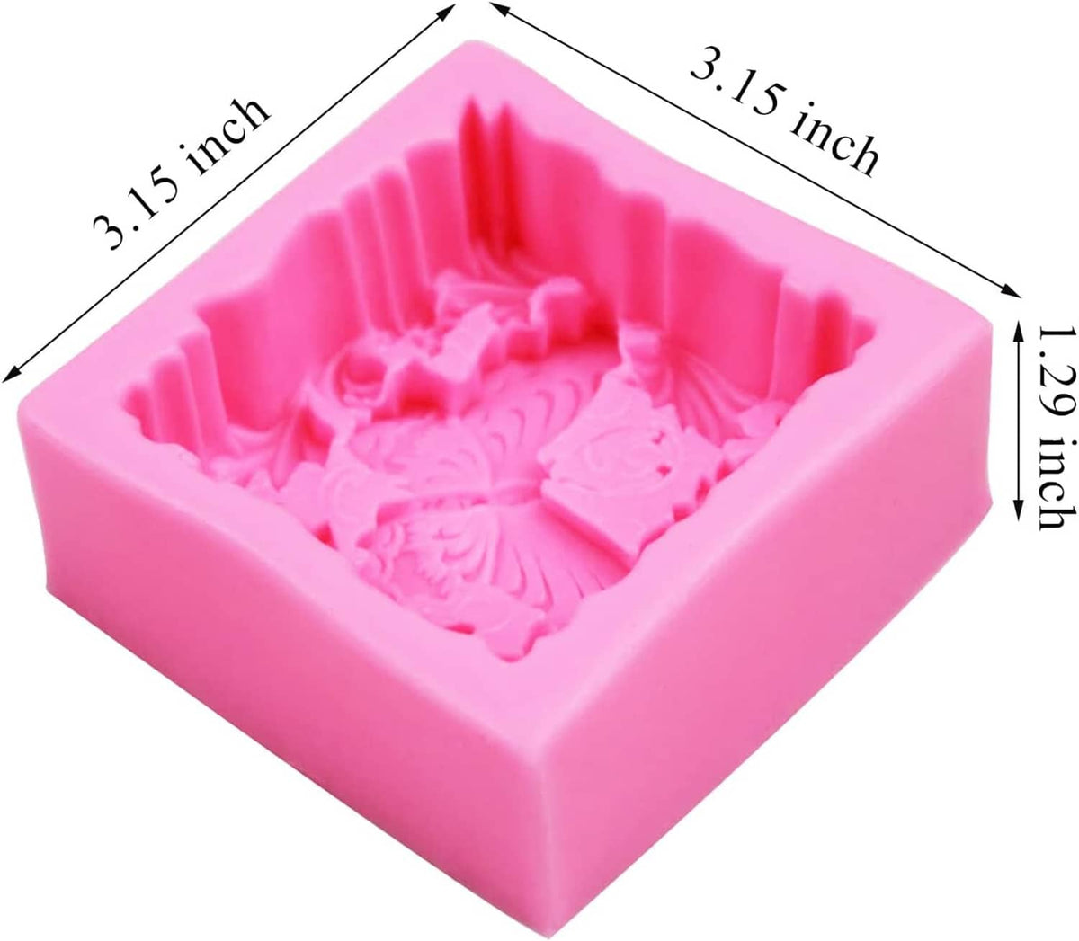 Pink silicone soap mold with raised butterfly and floral design, single square cavity