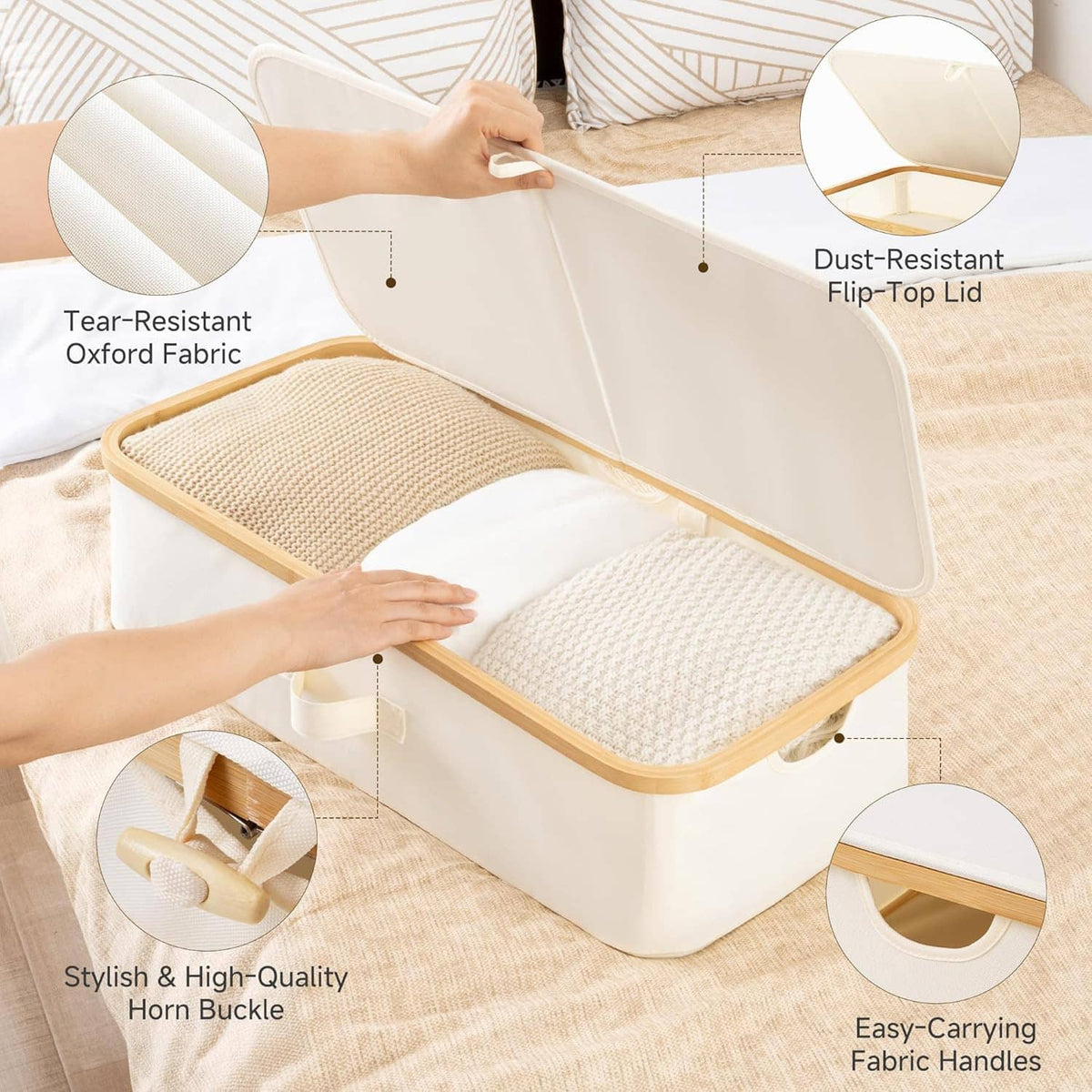 Low-profile storage bin with flip-top lid, white frame, beige fabric lining and handle