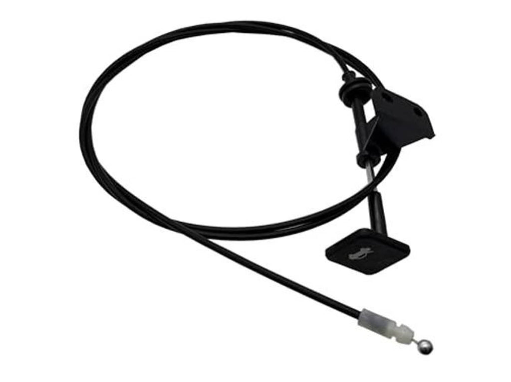Black hood latch cable with mounting clip, release switch, and metal pull tip