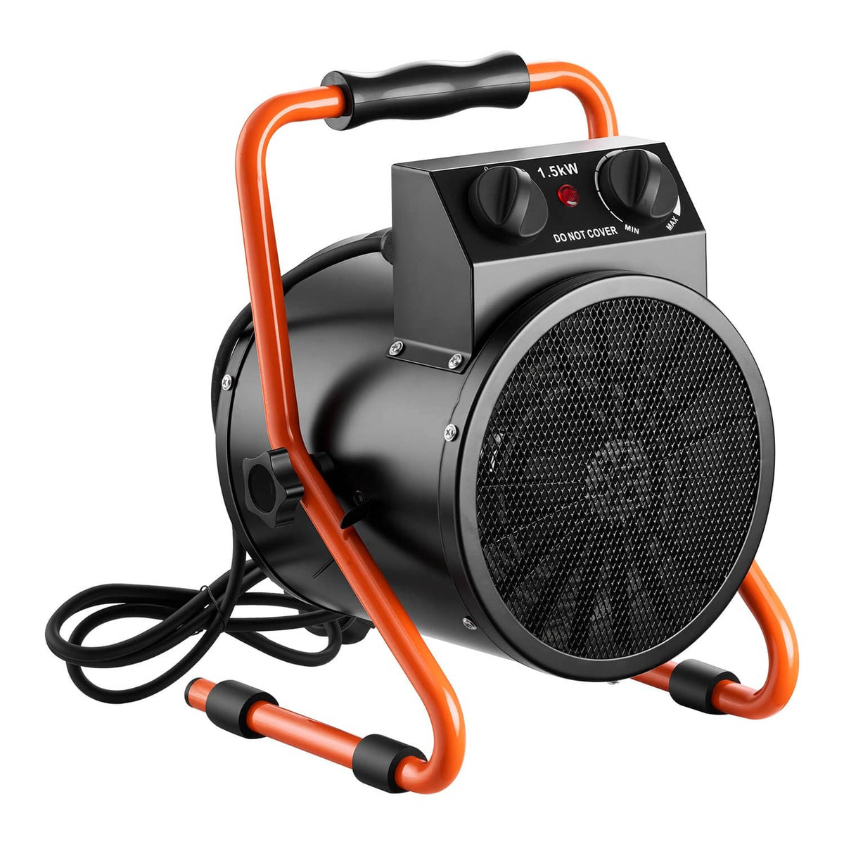 Portable electric greenhouse heater front view with orange frame and black control area