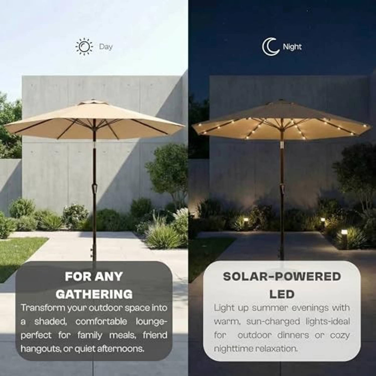 Khaki patio market umbrella with dark pole; solar LED lights glow warmly at night.