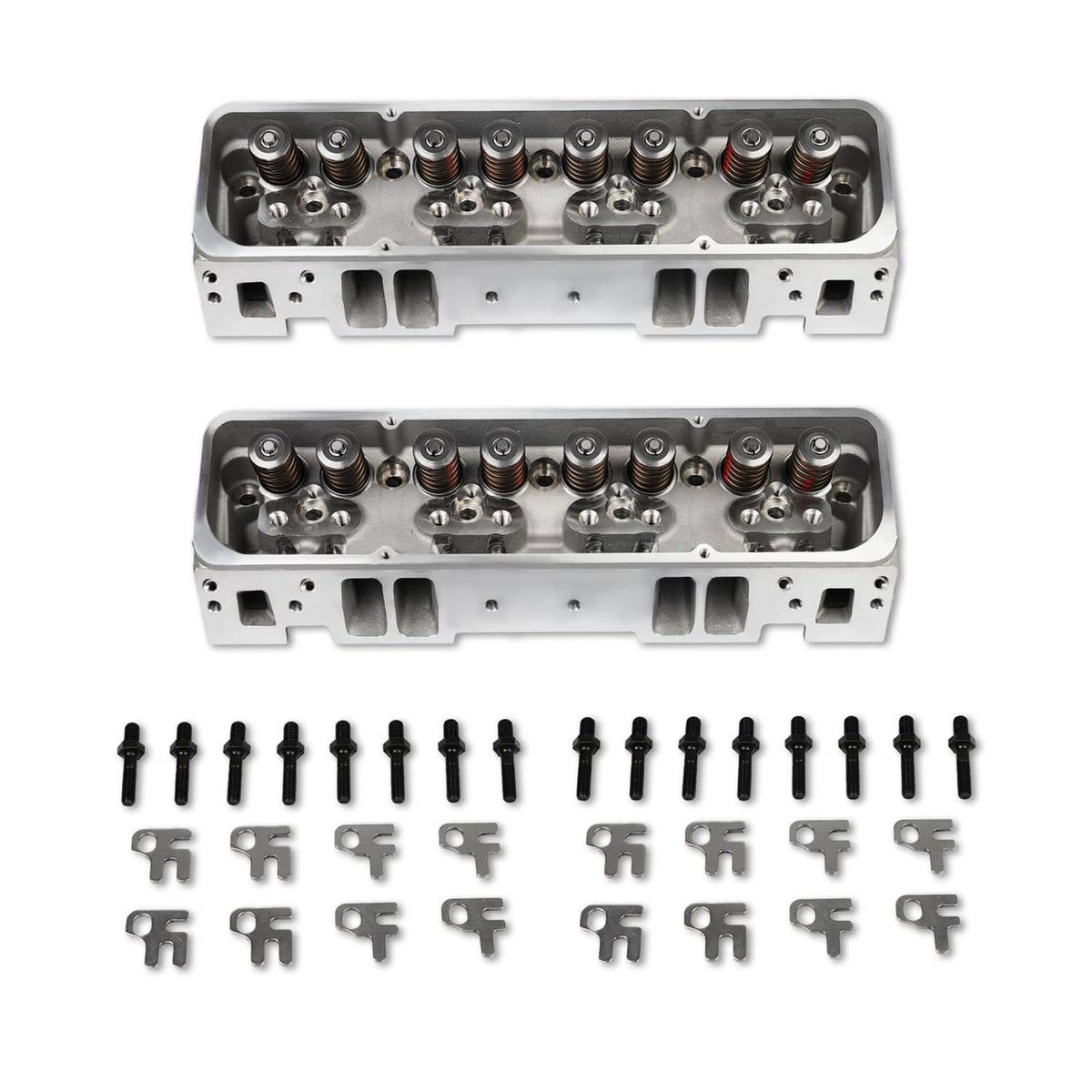 Two aluminum cylinder heads with valve springs, shown with black bolts and clips