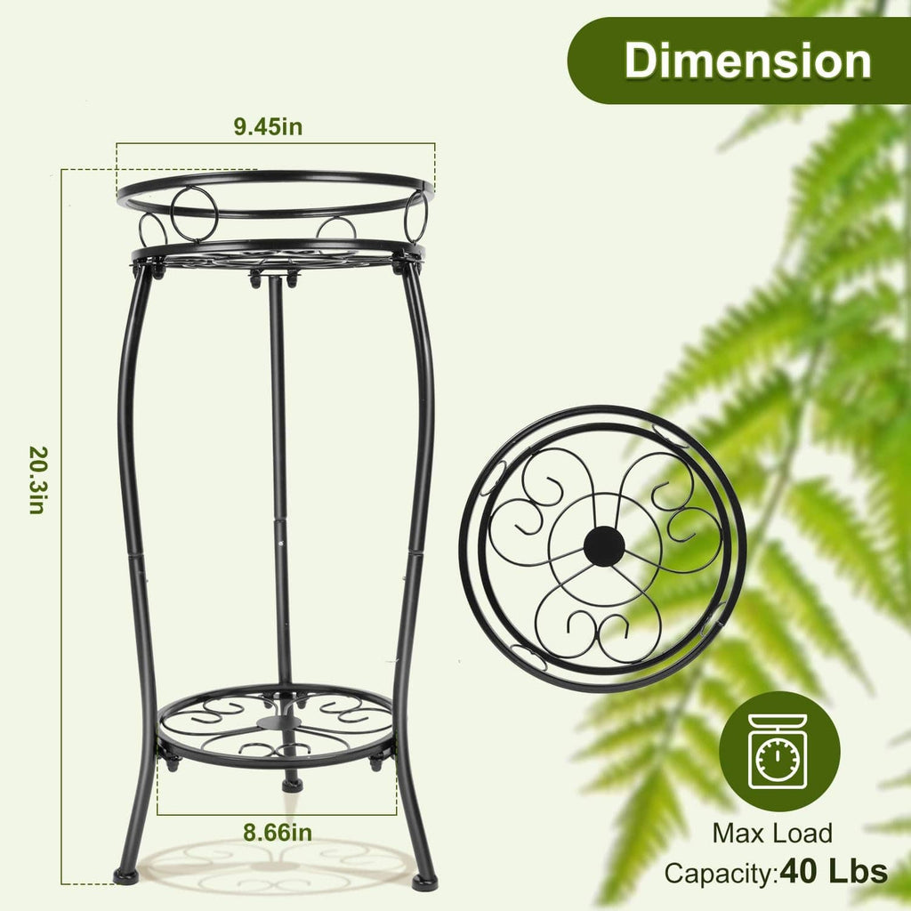 Black 2-tier metal plant stand silhouette with round top and bottom shelves