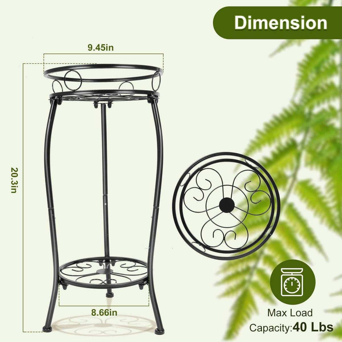 Black 2-tier metal plant stand silhouette with round top and bottom shelves