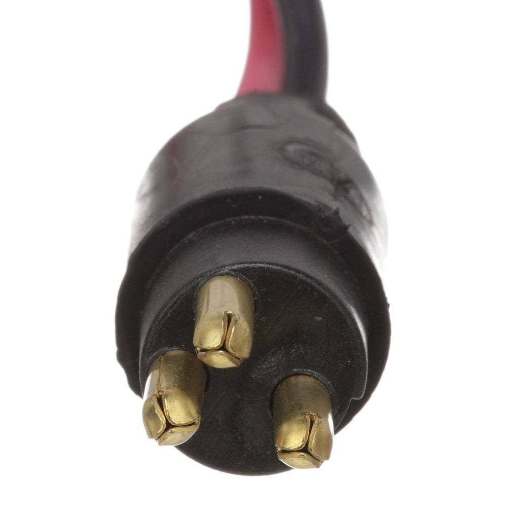 Close-up of trolling motor male plug with three gold contact prongs