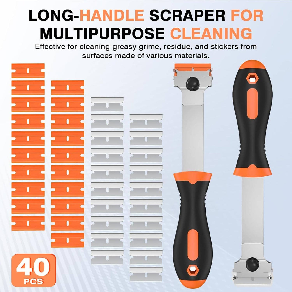 Long-handle razor scraper tool with black-and-orange handle and replacement blade strips