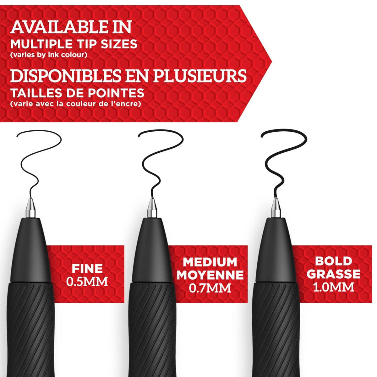 Sharpie S-Gel gel pens with tip sizes: 0.5 mm fine, 0.7 mm medium, 1.0 mm bold
