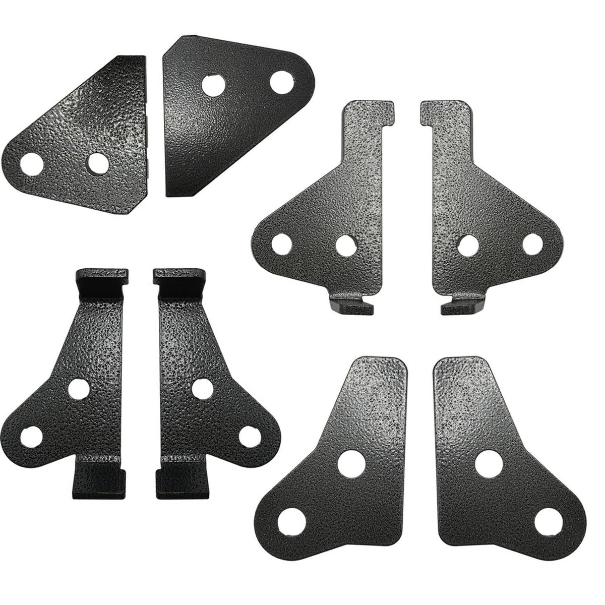 Multiple black metal lift bracket plates with mounting holes and tabs