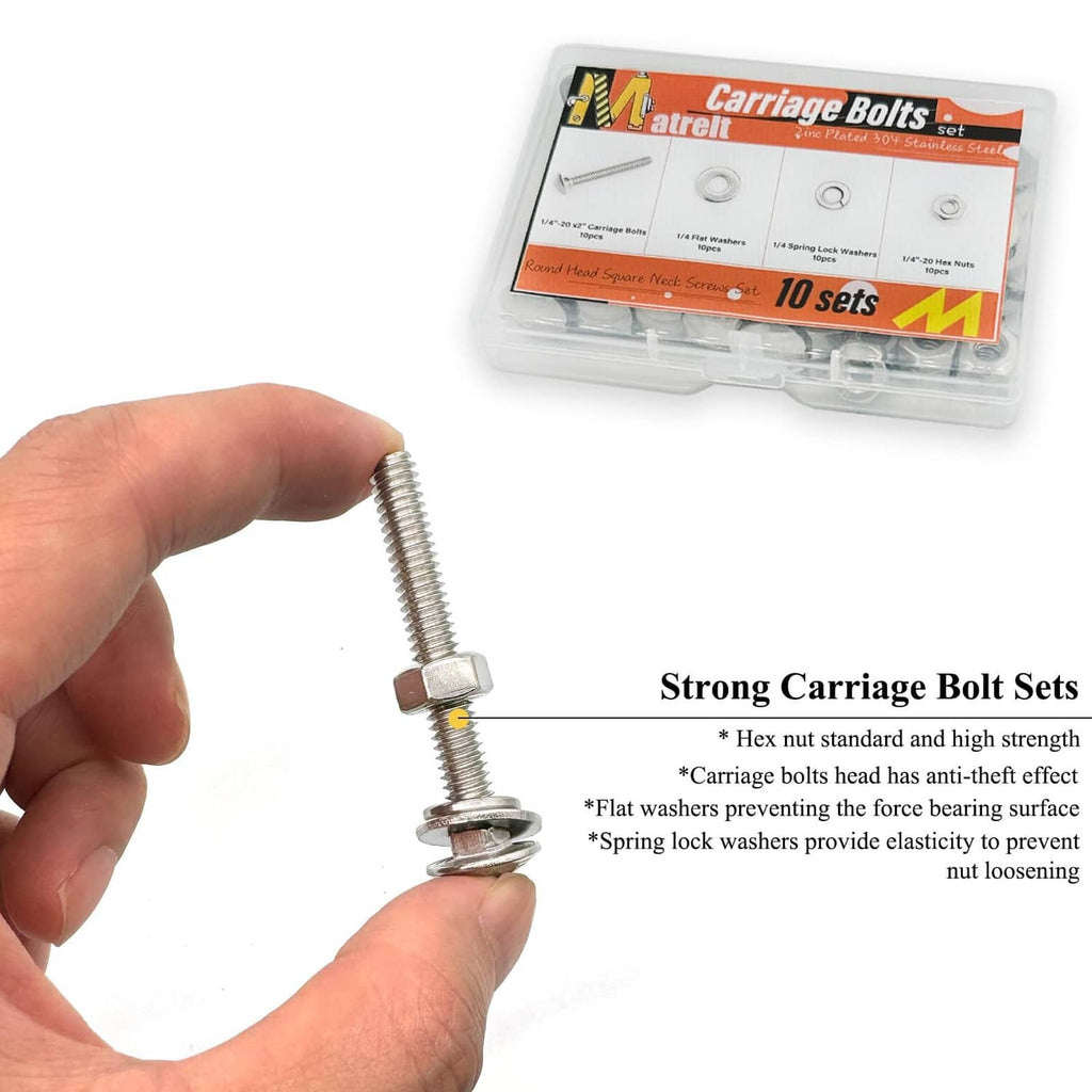 Carriage bolt set with hex nuts and washers, held up for close view