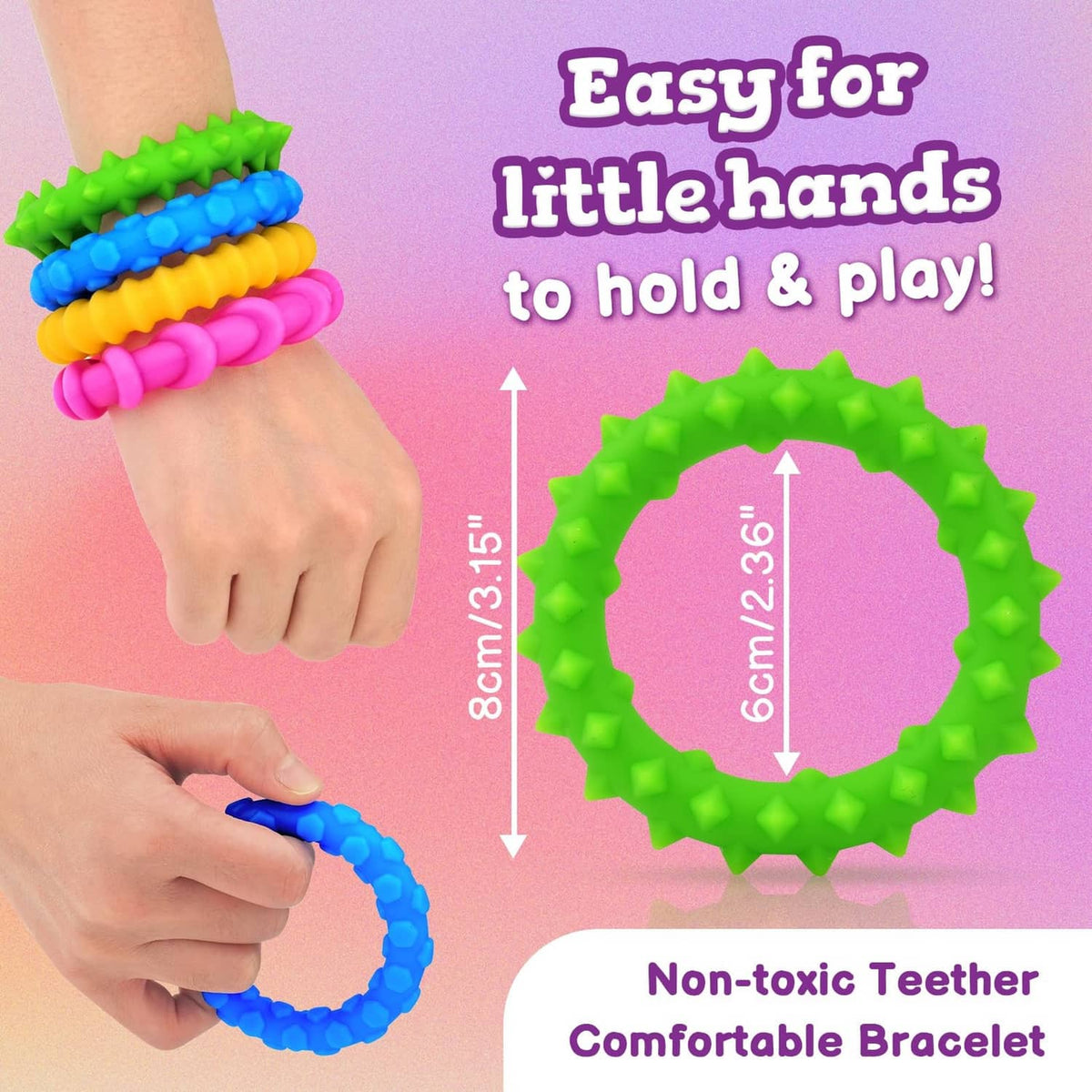 Non-toxic silicone fidget bracelets, bright green spiky ring and blue bumpy ring