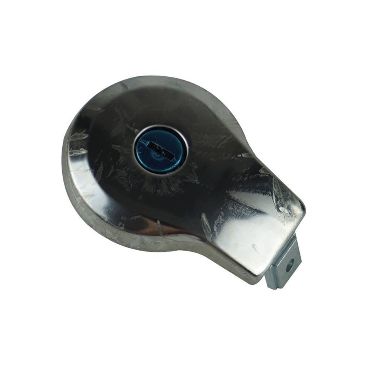 Fuel gas tank cap with lock cover, glossy black with blue center and chrome edge