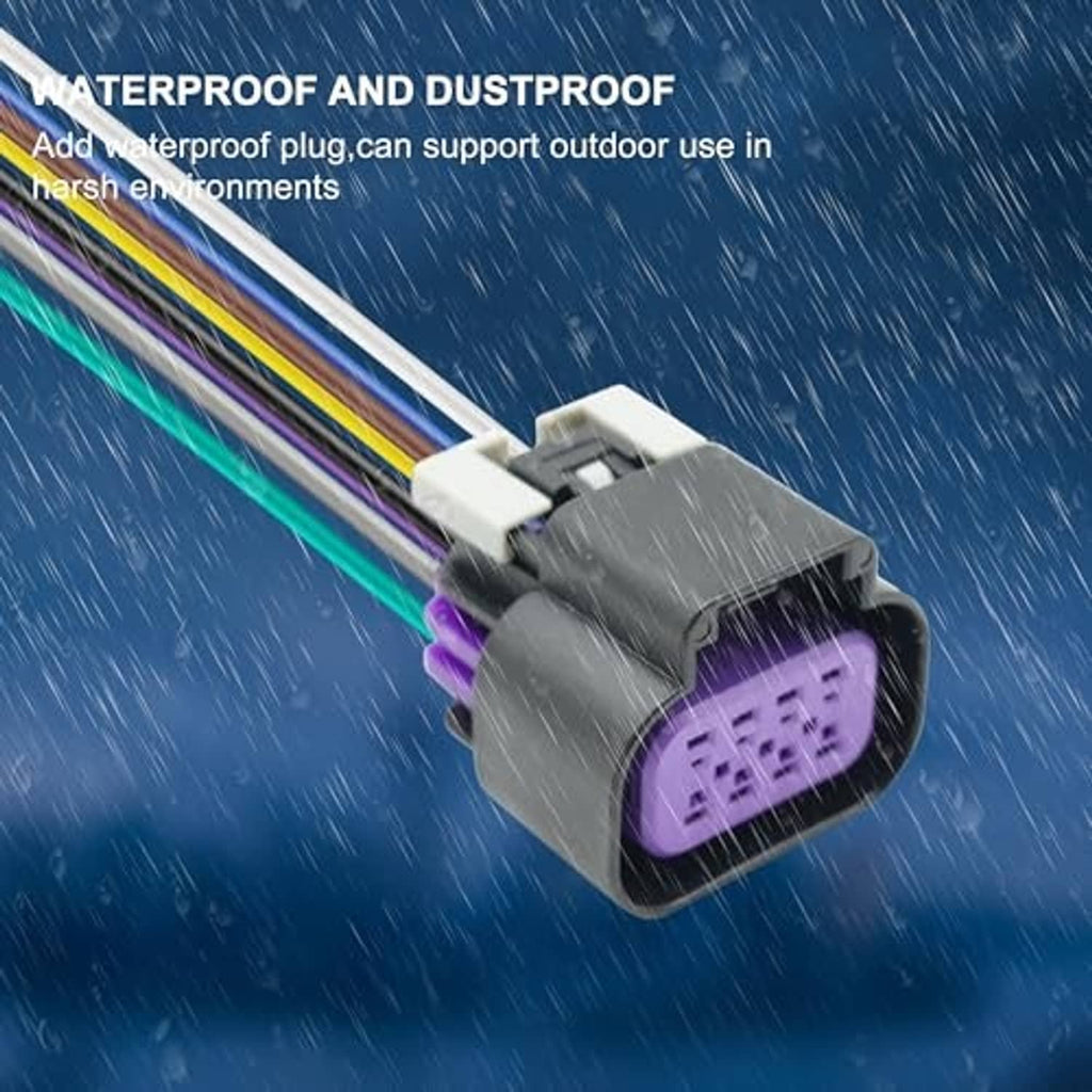 Throttle body connector pigtail with purple 8-pin plug and colored wire leads in rain